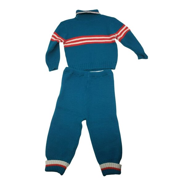 Vintage Let Kids Teal Knit Football Knit Sweater Pants Beanie Hat 70s Retro 24M - Picture 12 of 15